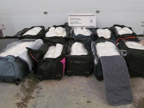 Canada Border Services Agency and the RCMP in Manitoba say more than 400 kilos of suspected methamphetamine was seized at a border crossing on Jan. 14, 2024.
