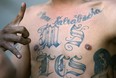 A member of the "Mara Salvatrucha" gang flashes the sign of his gang as he is presented to the press in San Salvador on September 7th, 2006, after his arrest last night. Some 130 gang members suspected of committing homicides were arrested last night during a police operation in different departments of the country.