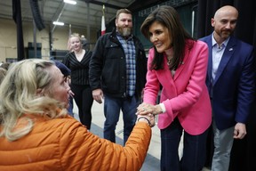 Republican presidential candidate former UN ambassador Nikki Haley visits a caucus site at the Horizon Event Center on Jan. 15, 2024 in Clive, Iowa.