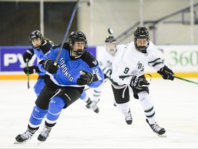 Toronto's Allie Munroe and Boston's Sophie Shirley chase a loose puck.