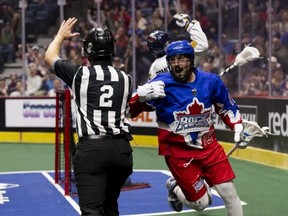 Corey Small of the Toronto Rock celebrates a goal against the Georgia Swarm on Saturday night in Hamilton. Ryan McCullough/Toronto Rock