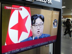 A TV screen shows an image of North Korean leader Kim Jong Un during a news program at the Seoul Railway Station in Seoul, South Korea, Tuesday, Jan. 16, 2024.