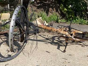 A burnt bicycle.