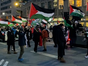 Protesters carrying Palestinian flags