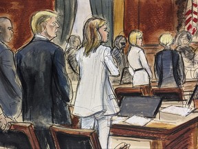 In this courtroom sketch, prospective jurors file into the courtroom as Donald Trump, second left, stands surrounded by his defence team. Alina Habba, third left, Trump's lead defence attorney, stands beside him. E. Jean Carroll, background second from right, stands with her attorney Roberta Kaplan, Tuesday, Jan. 16, 2024, in New York.