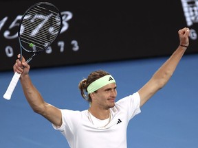 Alexander Zverev of Germany celebrates after defeating Cameron Norrie of Britain in their fourth round match at the Australian Open tennis championships at Melbourne Park, Melbourne, Australia, Monday, Jan. 22, 2024.