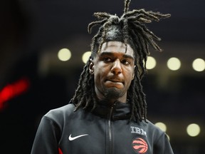 Toronto Raptors guard Kira Lewis Jr. (13), looks on during a time out in second half NBA basketball action against the Chicago Bulls, in Toronto on Thursday, January 18, 2024. Lewis has been sent down to the G-League by the Raptors two days after he was traded to Toronto.