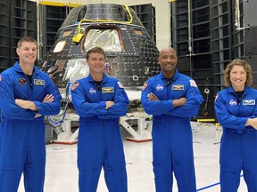 This photo posted on X, formerly known as Twitter, on Tuesday, Aug. 8, 2023, shows astronauts, from left, Jeremy Hansen, Reid Wiseman, Victor Glover and Christina Koch.