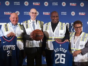 Clippers owner Steve Ballmer, left to right, NBA Commissioner Adam Silver, Inglewood Mayor James Butts and Los Angeles Mayor Karen Bass pose for a photo at the Intuit Dome in Inglewood, Calif., Jan. 16, 2024.
