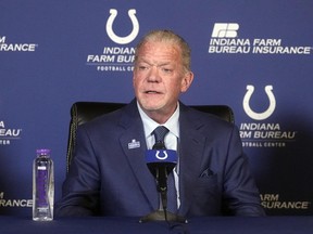 FILE -Indianapolis Colts owner Jim Irsay speaks during a news conference at the NFL football team's practice facility Monday, Nov. 7, 2022, in Indianapolis. Irsay is being treated for a severe respiratory illness and will be unable to perform with his band later this week, team officials said Tuesday, Jan. 9, 2024.