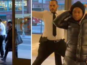 Screenshots from a viral video show a doorman open the door for 'Nessa,' who proceeds to dance for the camera.