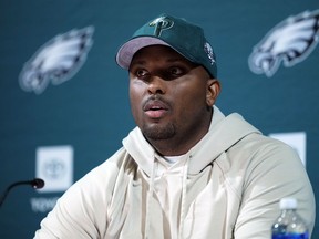 FILE - Philadelphia Eagles offensive coordinator Brian Johnson speaks with members of the media at the NFL football team's training facility in Philadelphia, Wednesday, Sept. 20, 2023. The Atlanta Falcons are planning for a second interview with Bill Belichick after talking with Philadelphia Eagles offensive coordinator Brian Johnson for the head coaching vacancy on Thursday, Jan. 18.