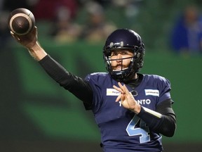 Toronto Argonauts quarterback McLeod Bethel-Thompson (4) throws the ball against the Winnipeg Blue Bombers during first half football action in the 109th Grey Cup at Mosaic Stadium in Regina, Sunday, Nov. 20, 2022.