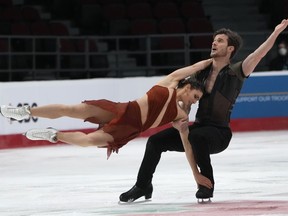 Nikolaj Sorensen and Laurence Fournier perform their routine during the senior dance free program at the National Skating Championships, in Ottawa, Saturday, Jan. 8, 2022.