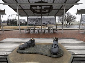 A bronze statue of legendary baseball pioneer Jackie Robinson was stolen from a park in Wichita, Kan., during the early morning hours of Thursday, Jan. 25, 2024. The statue, valued at $75,000, was the centerpiece of the League 42 ballpark facility, a baseball league started in 2015 to help kids with little access to organized sports. The league currently has 600 kids signed up to play this spring. Wichita police said during a Friday news conference that they are working desperately to catch the thieves.