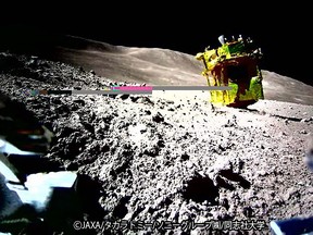 This handout photo released on Jan. 25, 2024 from the Japan Aerospace Exploration Agency (JAXA) and credited to JAXA, Takara Tomy, Sony Group Corporation and Doshisha University shows an image of the lunar surface taken and transmitted by LEV-2 "SORA-Q" the transformable lunar surface robot "SORA-Q" (operation verification model), installed on the private company's lunar module for the Smart Lander for Investigating Moon (SLIM) mission, after landing on the Moon on January 20.