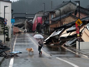 A woman walks with a dog near collapsed houses