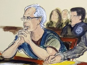 In this courtroom artist's sketch, Jeffrey Epstein listens during a bail hearing.