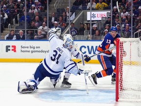 Islanders' Mathew Barzal scores the game-winning goal at 21 seconds of overtime against the Maple Leafs at UBS Arena on Jan. 11, 2024 in Elmont, N.Y.