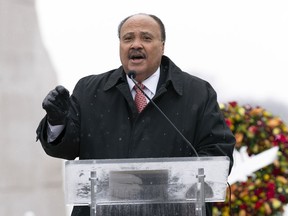 Martin Luther King III speaks during the annual Martin Luther King, Jr. Wreath Laying Ceremony at the Martin Luther King Jr. Memorial in Washington, Monday, Jan. 15, 2024.