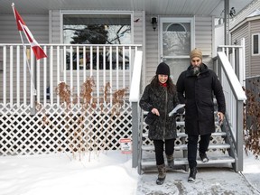 NDP Leader Jagmeet Singh and NDP candidate for Edmonton Centre, Trisha Estabrooks kick off the NDP caucus retreat by knocking on doors in Edmonton, Monday, Jan. 22, 2024.