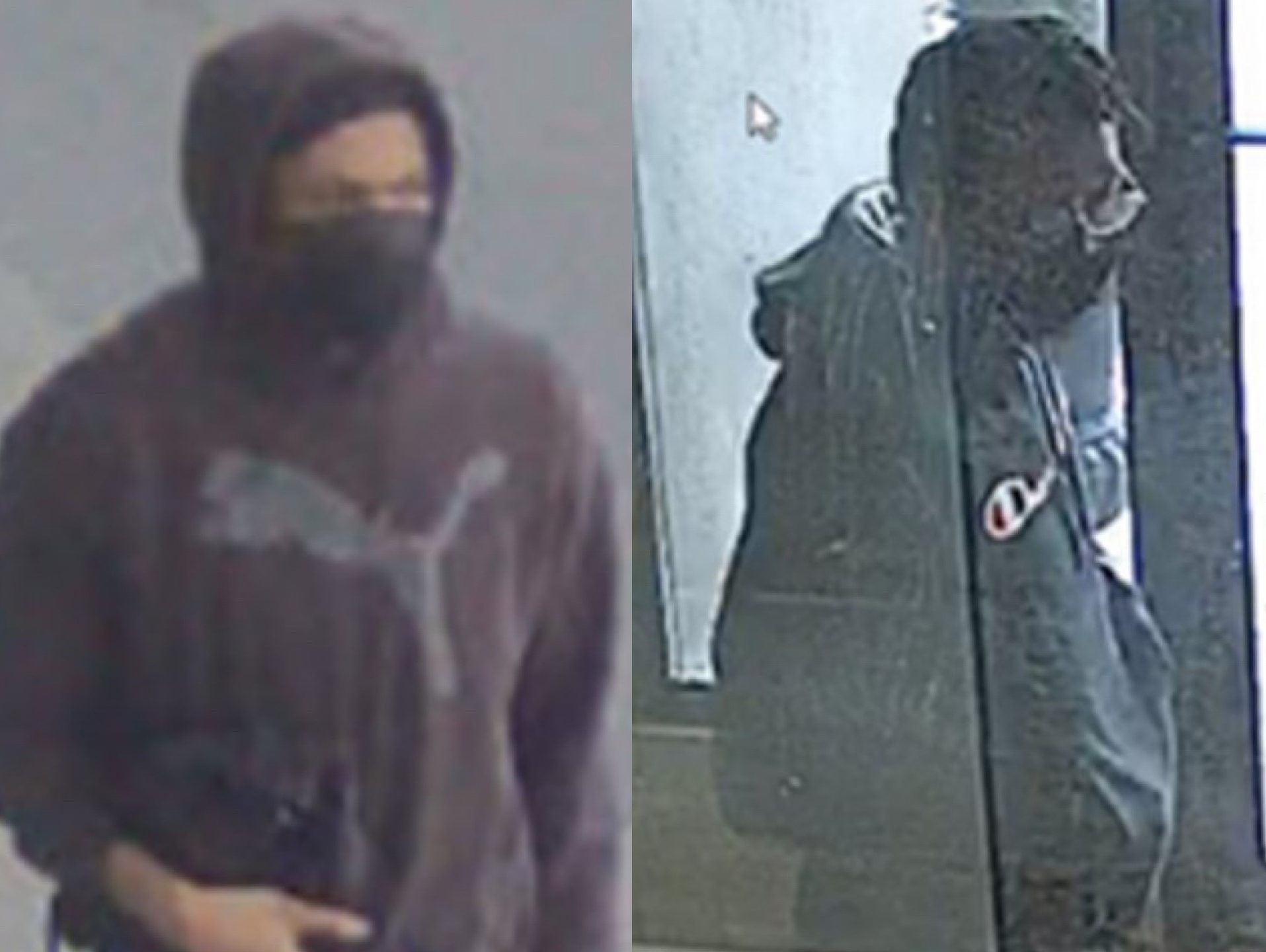 It's believed a man in a Champion hoodie, right, stole a black Ford F-150 Raptor in Brampton and later dumped it in Toronto's west end, where a man in a Puma hoodie, left, allegedly picked it up, drove it to Oshawa and gunned down Michael Nigris, 30, on March 30, 2023.