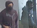It's believed a man in a Champion hoodie, right, stole a black Ford F-150 Raptor in Brampton and later dumped it in Toronto's west end, where a man in a Puma hoodie, left, allegedly picked it up, drove it to Oshawa and gunned down Michael Nigris, 30, on March 30, 2023.