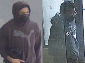 It's believed a man in a Champion hoodie (R) stole a black Ford F-150 Raptor in Brampton and later dumped it in Toronto's west end where a man in a Puma hoodie (L) picked it up, drove it to Oshawa and gunned down Michael Nigris, 30, on March 30, 2023.