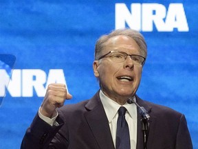 Wayne LaPierre, CEO and executive vice-president of the National Rifle Association, addresses the National Rifle Association Convention, April 14, 2023, in Indianapolis.