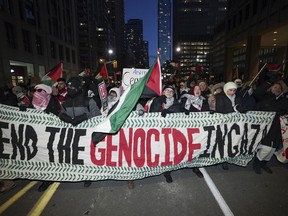 Protesters attend a rally in support of Palestine in Toronto, on Sunday Jan. 14, 2024.