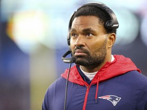 New England Patriots inside linebacker coach Jerod Mayo watches from the sideline during the second half of an NFL football game against the Jacksonville Jaguars, Sunday, Jan. 2, 2022, in Foxborough, Mass.