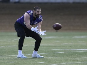 Baltimore Ravens tight end Mark Andrews (89) works out during an NFL football practice, Friday, Jan. 26, 2024, in Owings Mills, Md.