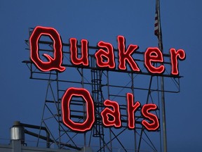 The new Quaker Oats sign is seen in Cedar Rapids, Iowa on Tuesday, June 8, 2021. The Canadian Food Inspection Agency is recalling various yogurt and parfait bowls that contain Quaker granola previously recalled due to possible salmonella contamination.