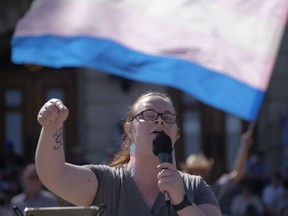 Ariana Giroux, executive director of UR Pride, speaks at a protest at the Legislative Building in Regina, Saturday, Sept. 2, 2023.