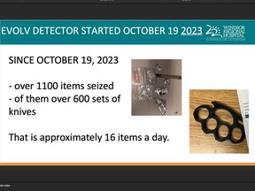 A screen shot from the Windsor Regional Hospital board meeting on Thursday, Jan. 4, 2024, shows some of the items seized after detection by the recently introduced Evolv security system at the hospital's two emergency rooms.