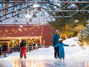 Families skating at Evergreen Brick Works in Toronto.