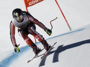 Canada's Valerie Grenier speeds down the course during an alpine ski, women's World Cup downhill race, in Cortina d'Ampezzo, Italy, Saturday, Jan. 27, 2024. Canadian skiing star Grenier says she'll need multiple surgeries after a serious crash during a World Cup super-G race Sunday in Cortina D'ampezzo, Italy.