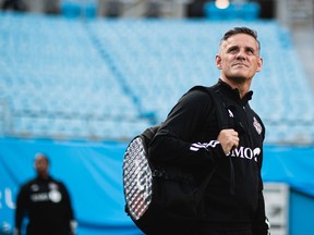 Toronto FC head coach John Herdman is shown before his team takes on Charlotte FC, in Charlotte, N.C. in a Wednesday, Oct. 4, 2023 handout photo. With pre-season medicals out of the way, Toronto FC players meet the media ahead of flying to Florida to escape Ontario's deep freeze and kick off training camp in warm weather.