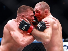 Sean Strickland of the United States fights against Dricus Du Plessis of South Africa in a middleweight title bout during the UFC 297 event at Scotiabank Arena on Jan. 20, 2024 in Toronto.