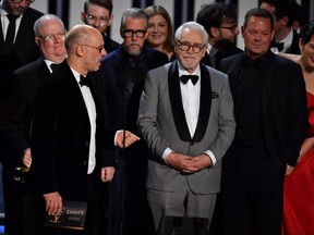Screenwriter Jesse Armstrong speaks as the cast and crew of "Succession" accept the award for Outstanding Drama Series onstage during the 75th Emmy Awards at the Peacock Theatre at L.A. Live in Los Angeles on Jan. 15, 2024.