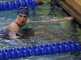 Pennsylvania's Lia Thomas waits for results after swimming the women's 200 freestyle final at the NCAA swimming and diving championships, Friday, March 18, 2022, at Georgia Tech in Atlanta.