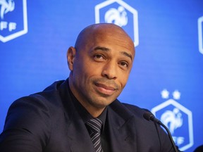 FILE - Thierry Henry attends a press conference in Paris, Aug. 29, 2023. Former World Cup winner Thierry Henry has opened up about the fact he "must have been in depression" during his soccer career. The 46-year-old former France and Arsenal forward says he had a spell early in the coronavirus pandemic when he was "crying almost every day". Henry has linked that to his past and a search for approval, having grown up with a father who was critical of his performances on the field.