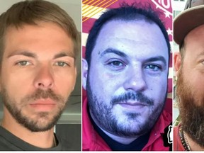 Clayton McGeeney, left, David Harrington, centre, and Ricky Johnson were found dead in on their friend's property after gathering to watch a football game.