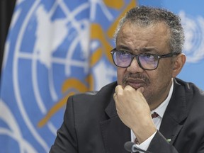 Tedros Adhanom Ghebreyesus, director general of the World Health Organization (WHO), speaks to journalists during a press conference at the World Health Organization (WHO) headquarters in Geneva, Switzerland, Thursday April 6, 2023.