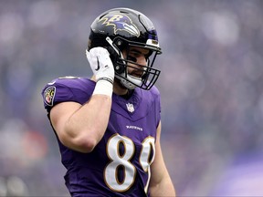 Mark Andrews of the Baltimore Ravens reacts during a game.