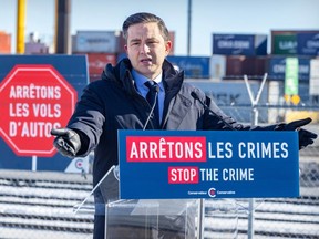 Conservative Party of Canada Leader Pierre Poilievre holds a press conference at the Port of Montreal on Tuesday, Feb. 6, 2024.