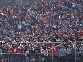 Kansas City Chiefs fans gather as they get ready for the Chiefs' Super Bowl LVIII victory parade.