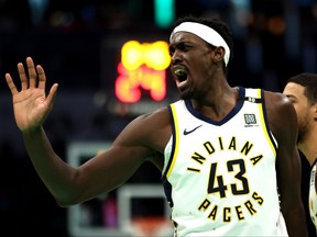 Pascal Siakam of the Indiana Pacers reacts during the second half against the Charlotte Hornets.