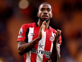 Ivan Toney of Brentford applauds the fans following the Premier League match between Wolverhampton Wanderers and Brentford FC.