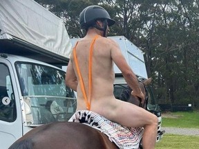 Australian equestrian Shane Rose rides while wearing a mankini.